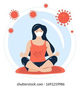 COVID-19 virus outbreak. People are quarantined at home to prevent the spread of viral infection. A masked woman practices yoga at home. Coronavirus outside. Keep calm during quarantine. Cartoon style