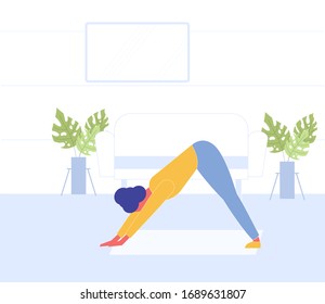 COVID-19 virus outbreak. Sport Exercise at Home. Fitness Workout Yoga Exercise Woman. People quarantine at home prevent spread of infection. Keep calm during quarantine Vector. Girl Doing Stretching