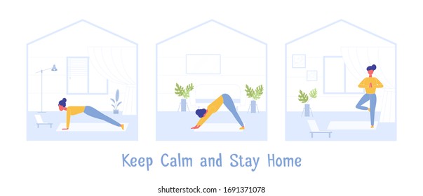 COVID-19 virus outbreak. Sport Exercise at Home. Fitness Workout Yoga Exercise Woman. People quarantine at home prevent spread of infection. Keep calm during quarantine Vector. Girl Doing Stretching