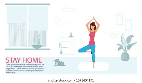 COVID-19 virus outbreak. Sport Exercise at Home. Fitness Workout Yoga Exercise Woman. People quarantine at home prevent spread of infection. Keep calm during quarantine Vector. Girl Doing Stretching