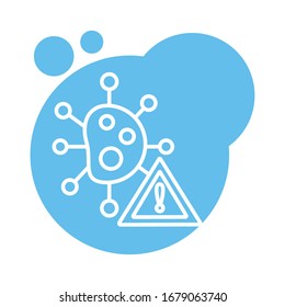 covid19 virus particle with alert symbol block style vector illustration design