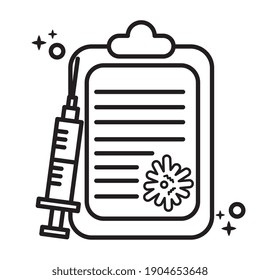 covid19 virus particle in checklist with vaccine syringe line style icon vector illustration design