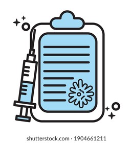 covid19 virus particle in checklist with vaccine syringe line and colors style icon vector illustration design