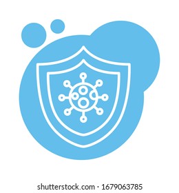 covid19 virus particle in shield block style vector illustration design