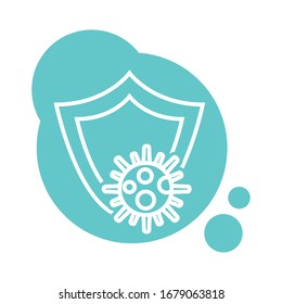 covid19 virus particle in shield block style vector illustration design