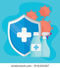 covid19 virus particles with disinfectant bottles products and shield vector illustration design