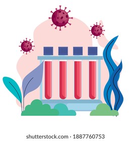 covid19 virus particles with tubes tests in the camp vector illustration design