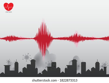 covid-19 virus, PM2.5 air pollution and hazardous dust concept on grey background, corona virus infection with sound wave and heart rate, empty space for display logo and content, vector illustration