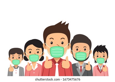 Covid-19 virus protection concept people wearing protective face masks illustration in cartoon style for design.