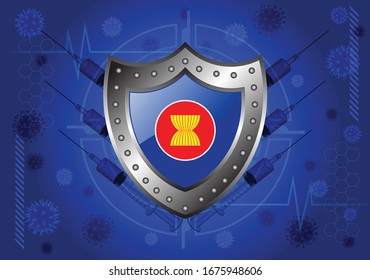 Covid-19 Virus Protection Concept With Shield And Asean Flag Vector Illustration 