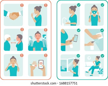 covid-19 virus protection tips. Coronavirus alert.  Set of flat vector illustrations