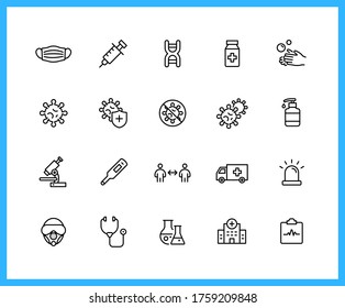 Covid-19, Virus and remedial treatment linear icons and color icons. Injection, Mask, Medicine. Set of Hospital, Research symbols drawn with thin contour lines. Vector illustration.