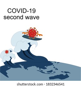 COVID-19 virus Second wave outbreak and coronavirus pandemic and covid crisis or influenza as dangerous flu as a covid-19 fear and stress as a medical health risk, cartoon vector flat design concept.