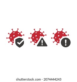 Covid-19 virus with shield and exclamation mark. Coronavirus vector icon.