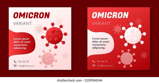 COVID-19 Virus Social Media Post Banner Set, Omicron Variant Advertisement Concept, Global Pandemic Abstract Square Ad, Infection Spread Flyer Leaflet Concept, Isolated.