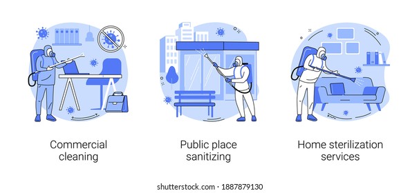 Covid19 Virus Spread Control Abstract Concept Vector Illustration Set. Commercial Cleaning, Public Place Sanitizing, Home Sterilization Services, Personal Hygiene, Office Cleanup Abstract Metaphor.