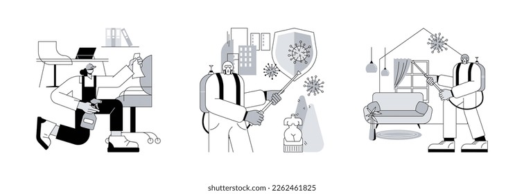 Covid19 virus spread control abstract concept vector illustration set. Commercial cleaning, public place sanitizing, home sterilization services, personal hygiene, office cleanup abstract metaphor.