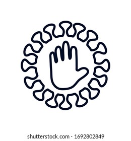 covid19 virus with stop hand icon over white background, line style, vector illustration