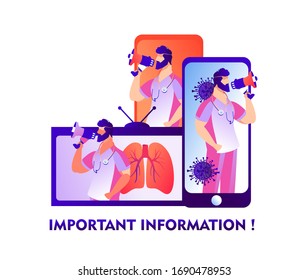 Covid-19 virus strain, doctor, media, notifies about the danger of getting pneumonia, the landing page home page template, conceptual vector banner, isolated icon on white background