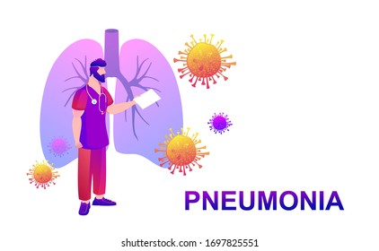 Covid-19 virus strain, doctor, media, notifies about the danger of getting pneumonia, the landing page home page template, conceptual vector banner, isolated icon on white background