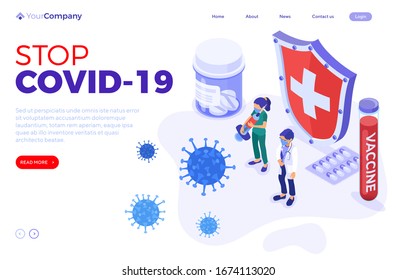 Covid-19 virus strain doctor nurse with syringe shield protect vaccine tube and capsules quarantine from Wuhan novel coronavirus pandemic covid-19 coronavirus isometric landing page vector