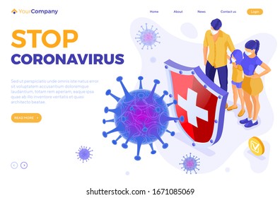 covid-19 virus strain with shield protect family in masks. quarantine from Wuhan novel coronavirus. pandemic covid-19 coronavirus outbreak in China. landing page. isolated vector illustration