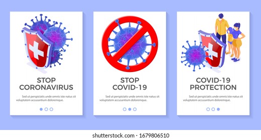 covid-19 virus strain with shield protect family in masks. quarantine from Wuhan novel coronavirus. stop pandemic covid-19 coronavirus outbreak in China banners. isometric isolated vector illustration