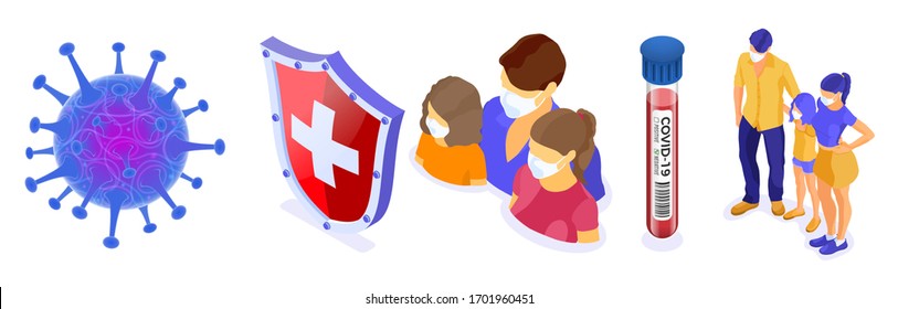 Covid-19 virus strain with shield protect family in masks. quarantine from novel coronavirus. pandemic covid-19 coronavirus outbreak. horizontal banner. isometric isolated vector illustration