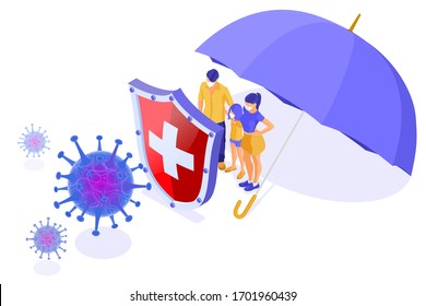 Covid-19 virus strain with shield and umbrella protect family in masks. quarantine from novel coronavirus. pandemic covid-19 coronavirus outbreak. isometric isolated vector illustration