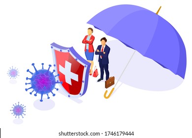 Covid-19 virus strain with shield and umbrella protect business man and woman. Quarantine from novel coronavirus. Pandemic covid-19 coronavirus outbreak. Isometric isolated vector illustration