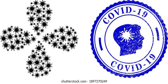 Covid-19 virus swirl flower shape, and blue round COVID-19 corroded seal with icon inside. Object flower with 4 petals created from oriented covid-19 virus symbols.