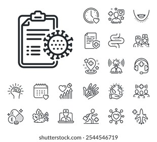 Sinal de tratamento do vírus da Covid-19. Ícones de descrição médica, paciente e medicina on-line. Ícone de linha de relatório do coronavírus. Símbolo do vírus Corona. Sinal de linha de relatório de coronavírus. Vetor