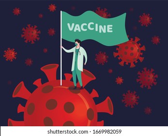 COVID-19 Virus Vaccine discovery or antibodies research success concept, doctor with stethoscope and protective mask holding success flag with text Vaccine planted on Coronavirus COVID-19 pathogens.