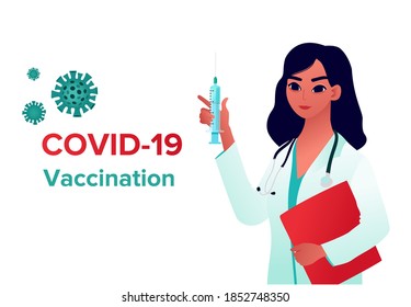 COVID-19 Virus Vaccine poster. Doctor holding a syringe. Injection, prevention, immunization, cure and treatment for coronavirus infection, COVID-19 Virus. 
