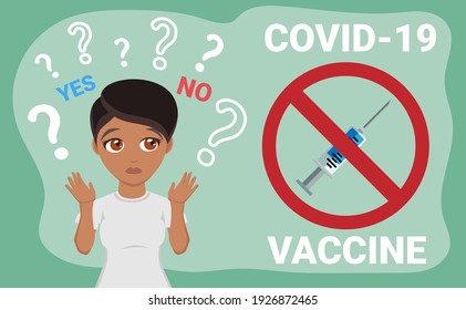 COVID-19 Virus Vaccine poster. the girl is thinking to inject the vaccine. Injection, prevention, immunization, cure and treatment for 2019-ncov infection. fighting COVID-19 epidemic with hope 2021