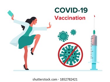 COVID-19 Virus Vaccine poster. Happy doctor dancing. A syringe with the vaccine. Injection, prevention, immunization, cure, and treatment for coronavirus infection, COVID-19 Virus. 