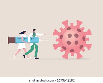 COVID-19 Virus Vaccine, syringe injection, prevention, immunization, cure and treatment for coronavirus infection, doctors carrying big syringe injecting COVID-19 Virus pathogen.