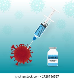 COVID-19 Virus Vaccine, syringe injection,  cure and treatment for coronavirus infection, Virus protection concept. vector illustration