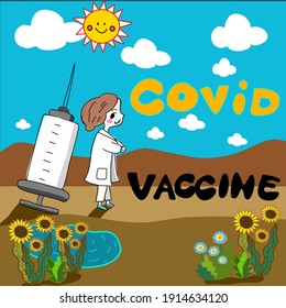 COVID-19 Virus Vaccine, syringe injection, prevention, immunization, cure and treatment for coronavirus infection, doctor with big syringe injecting COVID-19 stand in the desert with blue sky cartoon