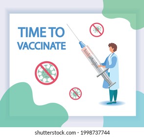 COVID-19 Virus Vaccine, syringe injection, prevention, immunization, cure and treatment for coronavirus infection, doctors carrying big syringe injecting COVID-19 Virus pathogen.