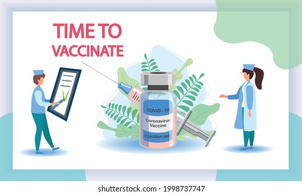 COVID-19 Virus Vaccine, syringe injection, prevention, immunization, cure and treatment for coronavirus infection, doctors carrying big syringe injecting COVID-19 Virus pathogen.