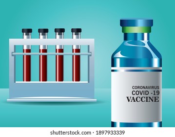 covid19 virus vaccine vial bottle and tubes test vector illustration design