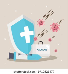 covid19 virus vaccines kit with shield and syringe vector illustration design