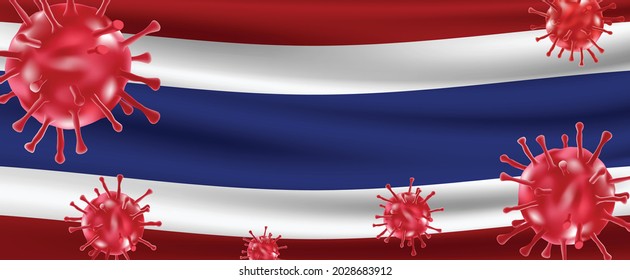 Covid-19 virus variant outbreak floating over flag of Thailand. Vector