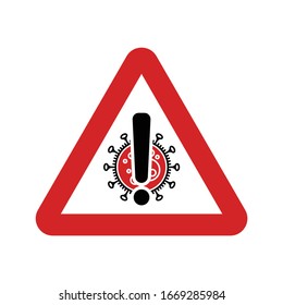 COVID-19 or 2019–nCoV virus warning sign. Isolated microbe on red triangle with white field. 