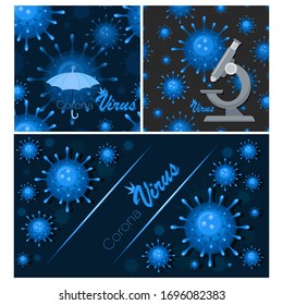  Covid-19. Virus, paraguas, microscopio. Fondos de Coronavirus. Conjunto de patrones sin fisuras. Ilustración vectorial para uso científico y médico, protección, información, prevención de infecciones.