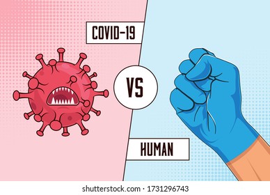 Covid-19 gegen Mensch. Bekämpfen Sie das Konzept des Coronavirus mit roten Cartoon-Virus-Bakterien gegen die vom Menschen aufgelaufene Faust im blauen medizinischen Schutzhandschuh. Vektor-Abbildung