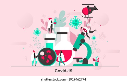 Covid-19 web concept design in flat style. Scientific team researching coronavirus at laboratory. Vaccine development scene visualization. Vector illustration with tiny people characters in situation.