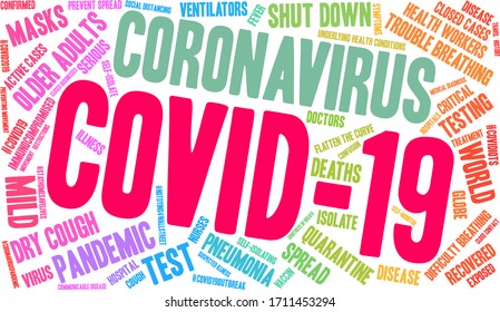 COVID-19 word cloud on a white background. 