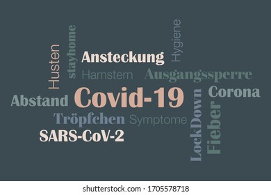 Covid-19 wordcloud, Vektorillustration Illustration helle Wörter auf dunkelblauem Hintergrund,